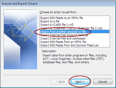 Import a file window